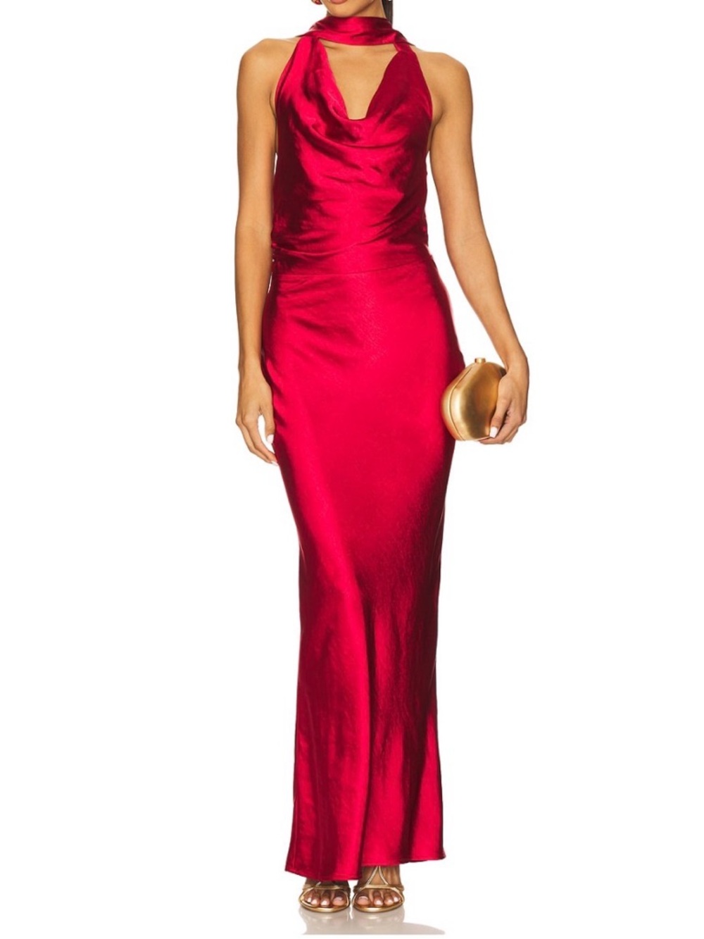Scarlet Satin Cowl-Neck Maxi Dress